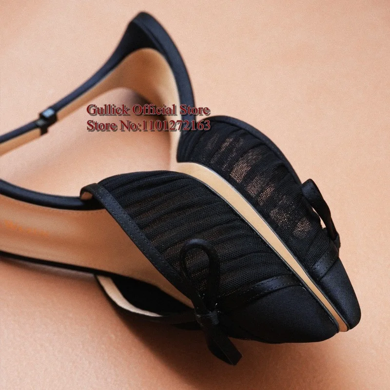 

Sexy Butterfly-knot High Heels Mules Shoes White Black Mesh Pointye Bow Tie Slip On Female Sandals