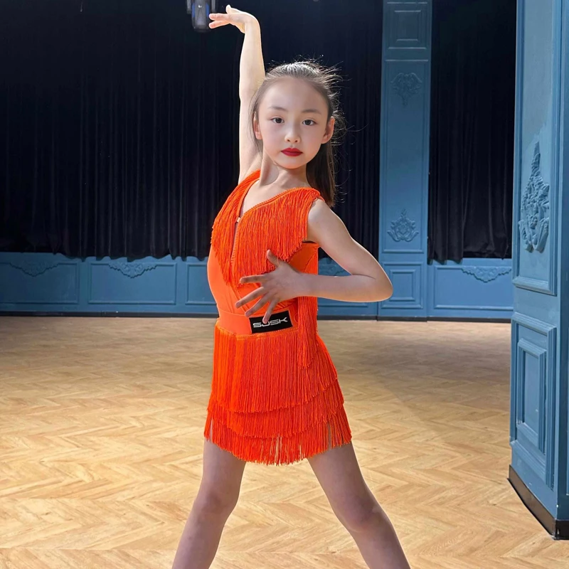 Orange Full Fringed Suit Girls Latin Dance Perofrmance Costumes Sleeveless Chacha Tassels Top Samba Skirts Stage Dresses SL10081