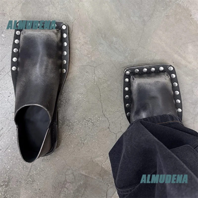 Men's Square Toe Studded Loafers Black Leather Slip On Flat Slide Fashion Shoes Luxury Designer New In Autumn Men's Shoes