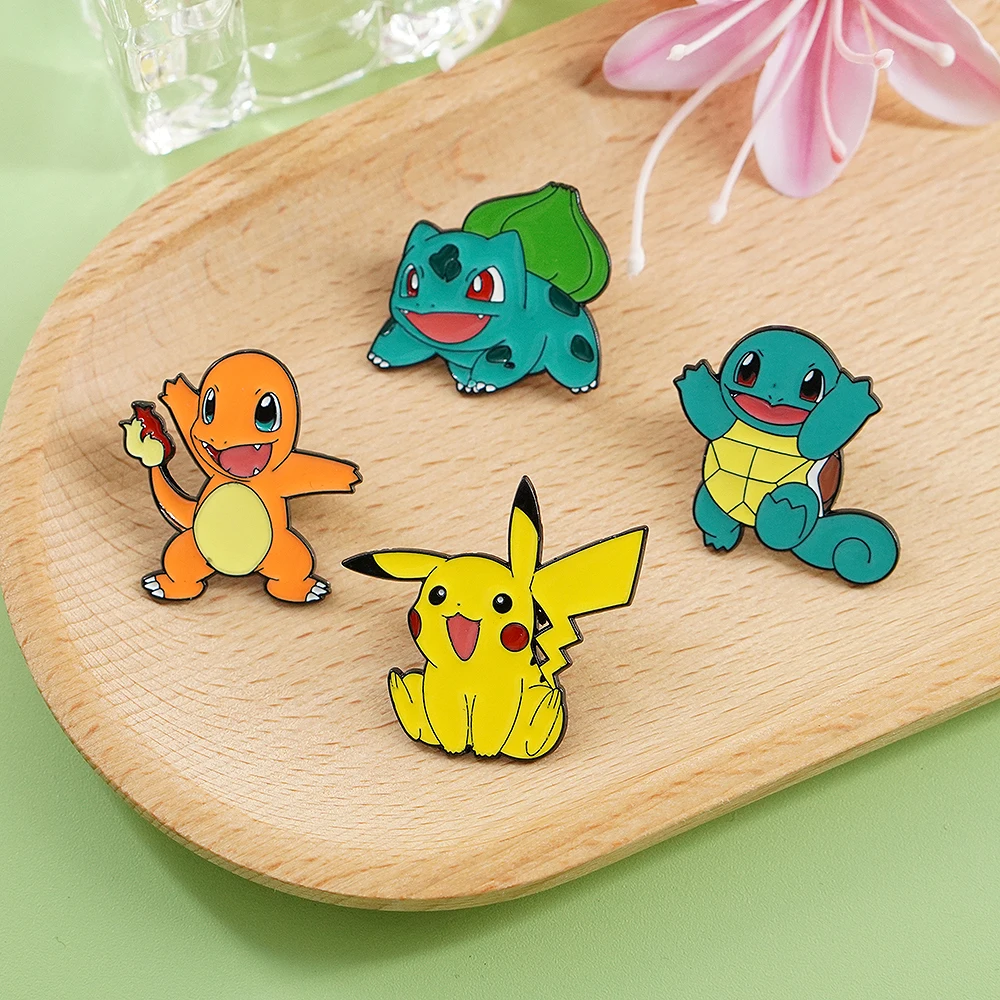 4Pcs Anime Pikachu Characters Enamel Brooch Badge Charmander Squirtle Bulbasaur Figure Lapel Pins Gifts For Fans Collectors