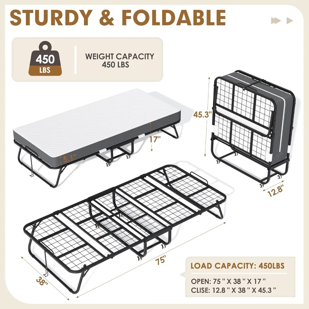 Folding Bed with Mattress, 75 X 38 Folded Bed, Roll Away Beds with 5 Memory Foam Mattresses for Adults, Foldable Twin image 2