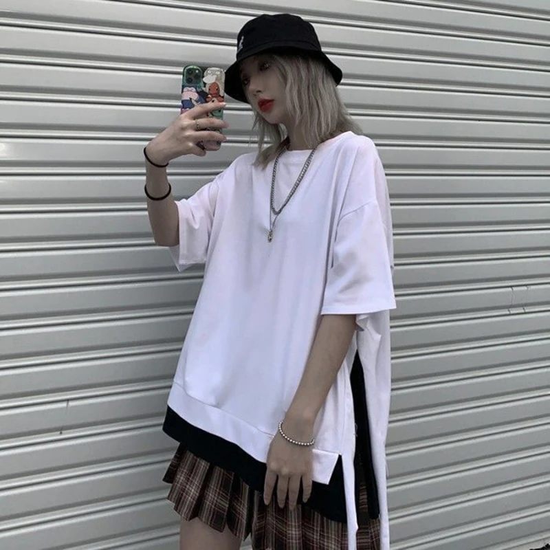 Fake Two Piece Split Summer Short Sleeve Tops Black White Patchwork Cool Hip Hop Woman Clothes Unisex Casual Oversized Solid New