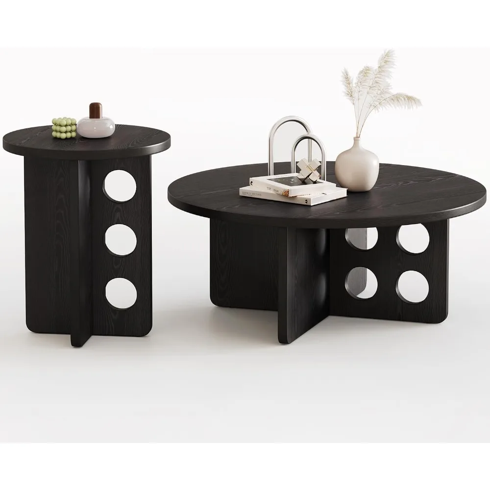 Nesting Coffee Table Set of 2, Modern Wooden Side Coffee Table for Small Space, Black Grain Top with Adjustable Non-S