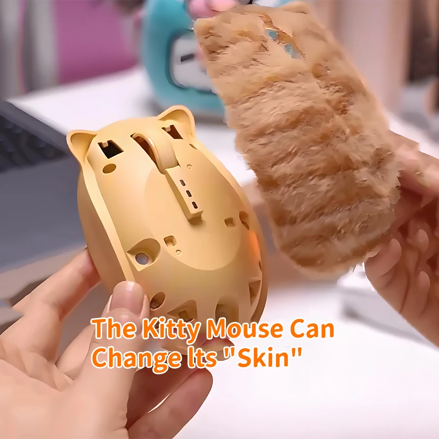 

Cute Computer Mouse Cat Shape Bluetooth+2.4G Silent Rechargeable Pet Kitten Mice With Plush Simulated Cat Fur Magnetic Case