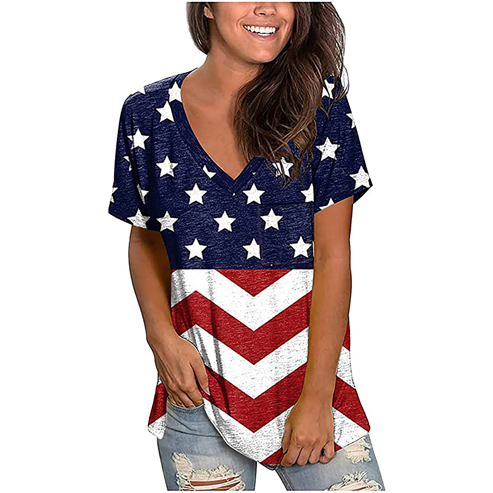 2024 Europe and the United States spring summer Independence Day new women\'s top flag print V-neck short-sleeved loose T-shirt w