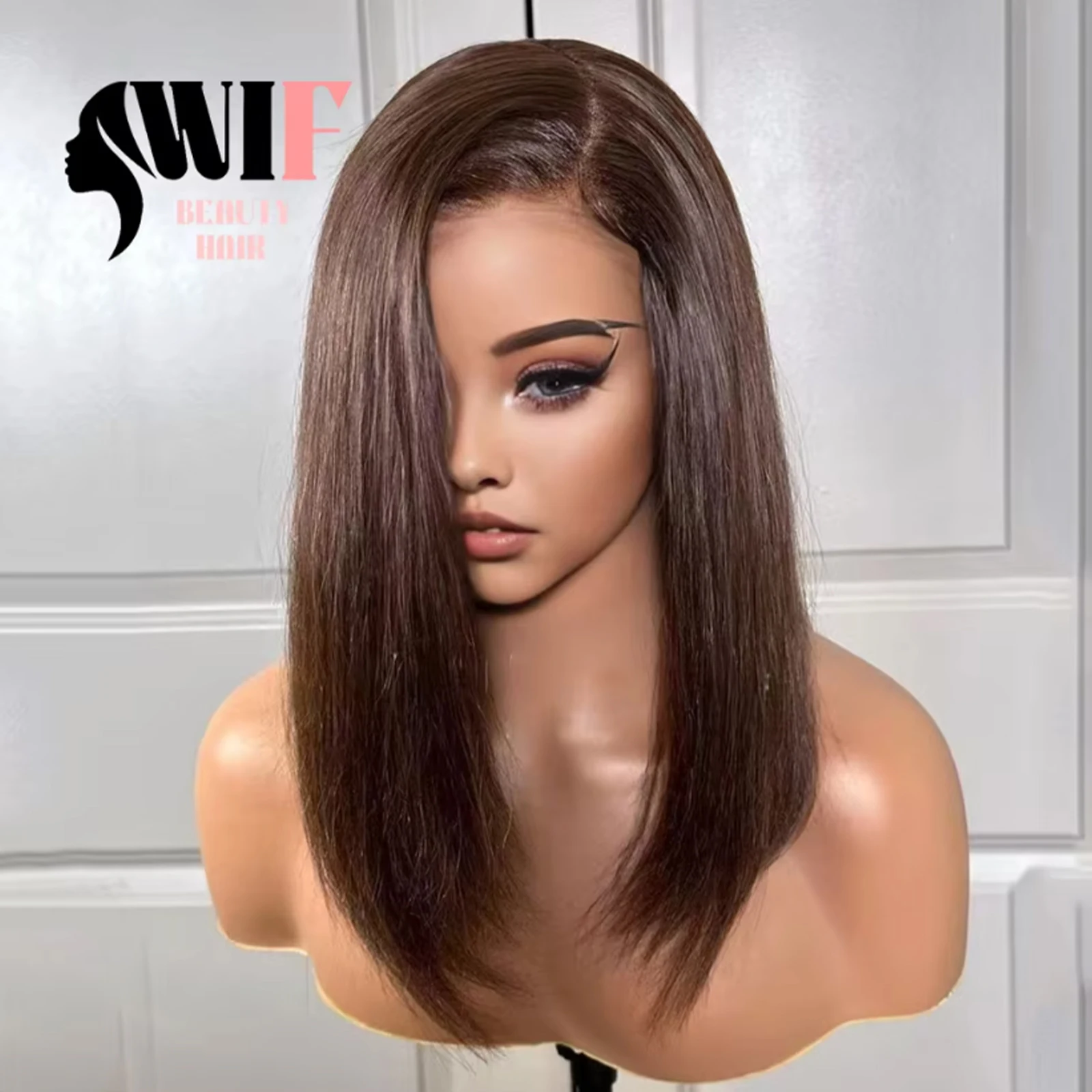 WIF Brown Bob Synthetic Lace Wig Short Straight Heat Resistant Brown Hair Lace Front Wigs Daily Makeup Use Brown Bob Hair