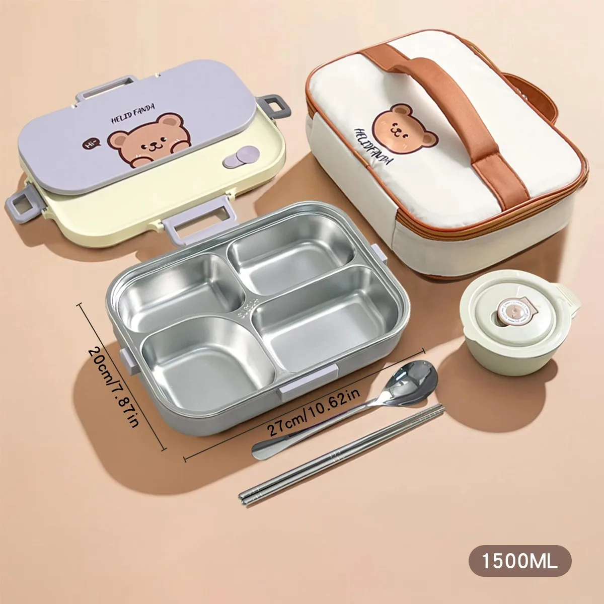 4/5 vakken 304 roestvrijstalen lunchbox met bestek en kom, draagbare lekvrije voedselcontainer voor studenten, geschikt voor warme en koude gerechten.
