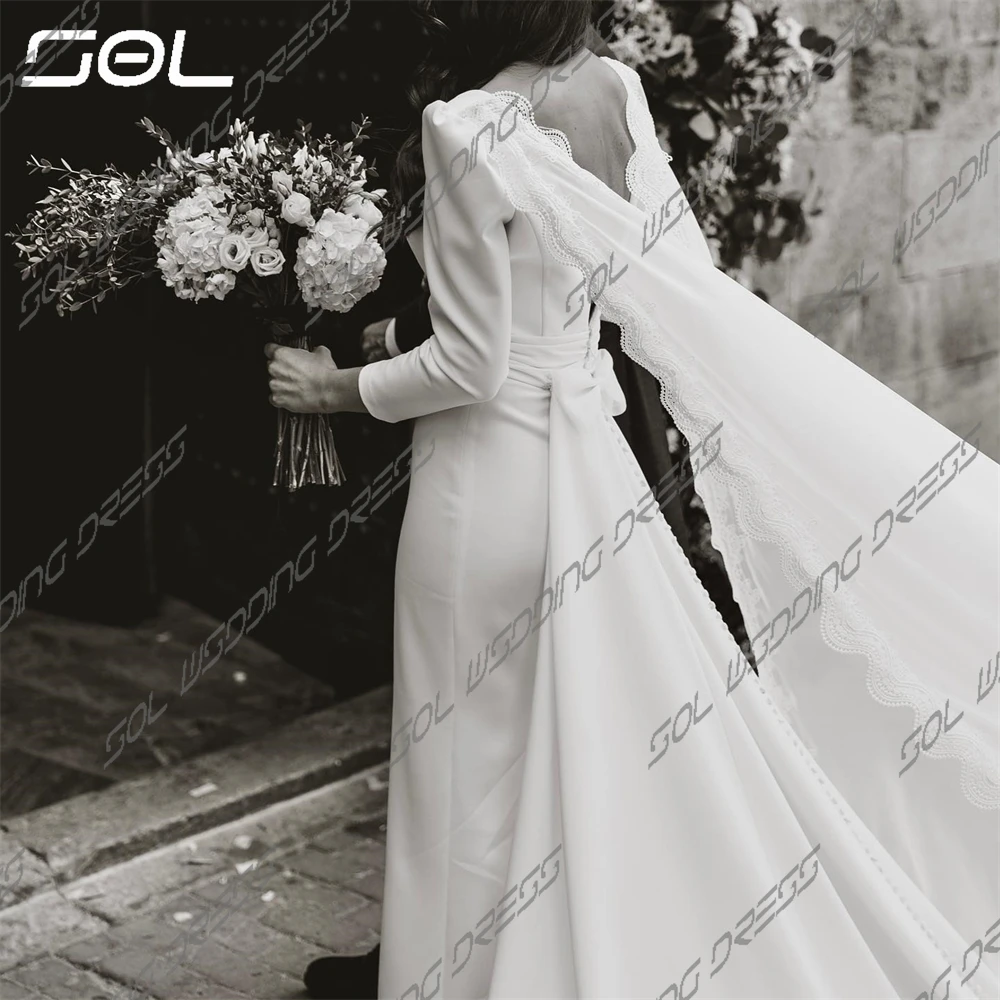 SOL semplici abiti da sposa con colletto quadrato a maniche lunghe con scialle staccabile eleganti abiti da sposa senza schienale Vestidos De Novia