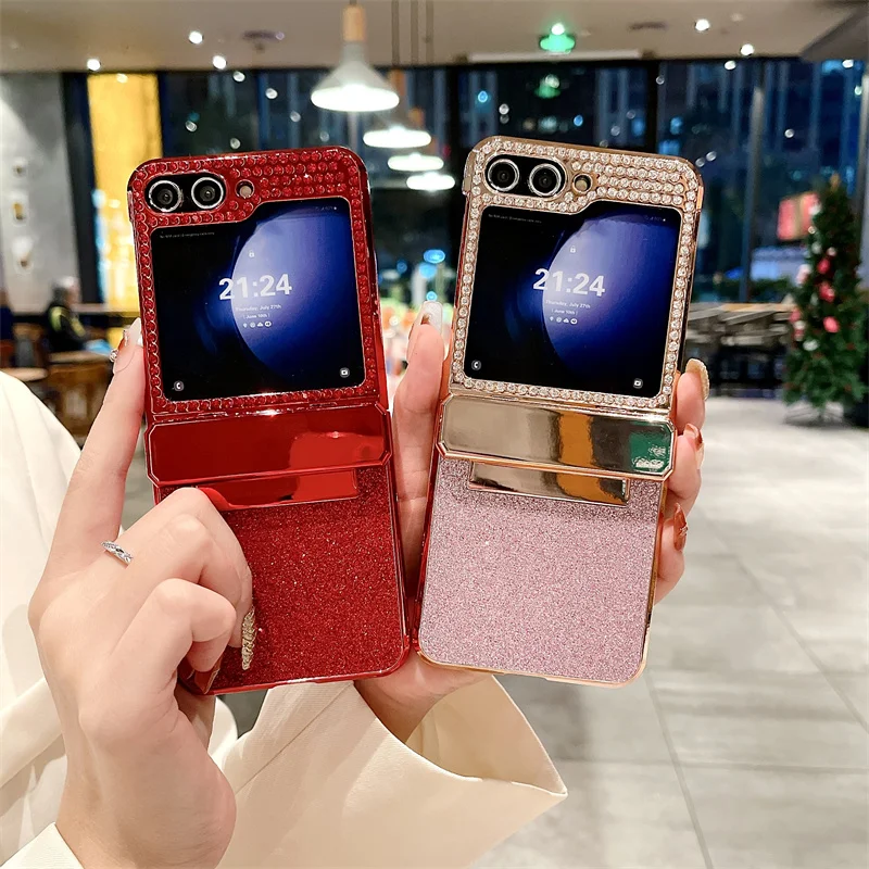 Sparkling Diamond Plating Case For Samsung Galaxy Z Flip 6 5 4 5G ZFlip6 Flip6 Protect Folding Shockproof Plastic Glitter Cover