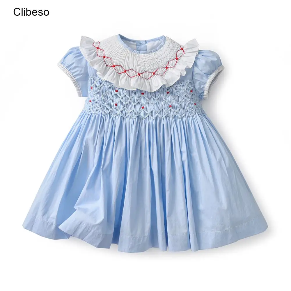 Clibeso-vestido de verano con bordado hecho a mano para niños y niñas, traje elegante con diseño de Boutique, color azul, 2024