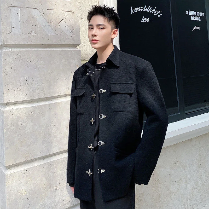 Winter Autumn 2022 New Chinese Style Metal Button Woolen Jackets Men's Lapel Loose Casual Black Long Sleeve Coat 2A0542