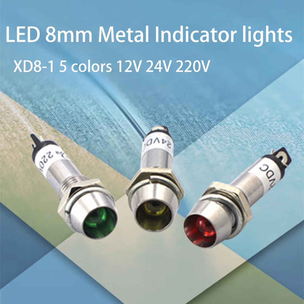 Luces indicadoras de Metal LED, lámpara de señal impermeable y de señal LED convexa, XD8-1, 5 colores, 12V, 24V, 220V, 8mm, 10 Uds.