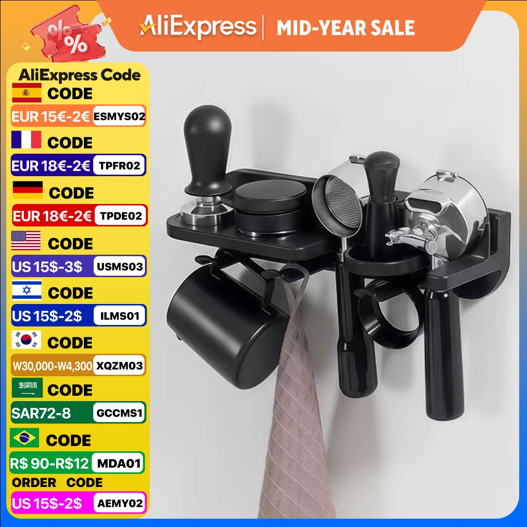 Suporte de parede para porta-filtro de café, montagem na parede, armazenamento para conjunto de café, suporte autoadesivo para filtro de café expresso, 51mm, 54mm, 58mm, acessórios