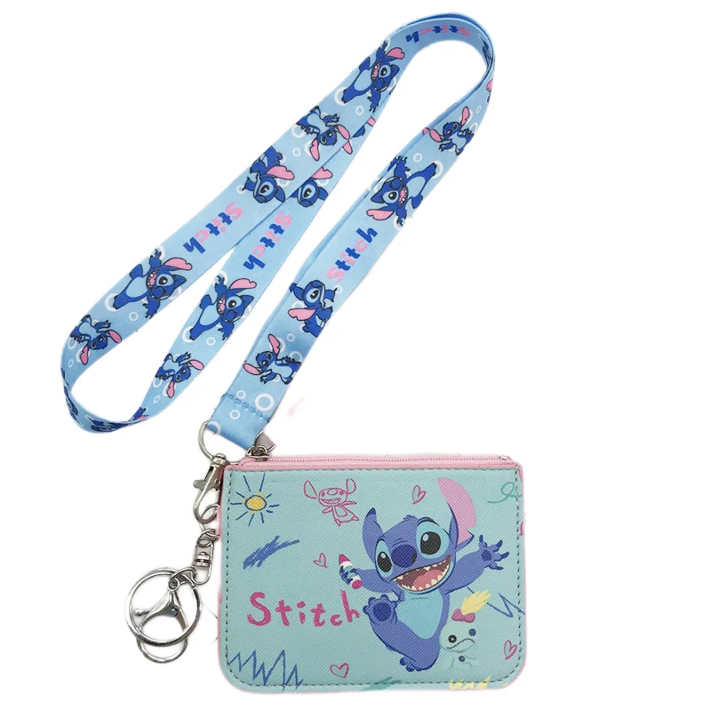 Disney Cartoon Coin Purse Cute Stitch Hanging Neck Long Rope Card Coin Storage Bag Mini PU Anti-lost Child Wallet Child Gift