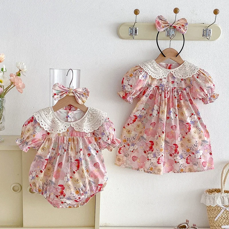2026 New Summer Sister Clothing Kids Princess Dresses Infant Baby Romper Short Sleeved Cotton Print 2-7Yrs Baby Girl Party Dress