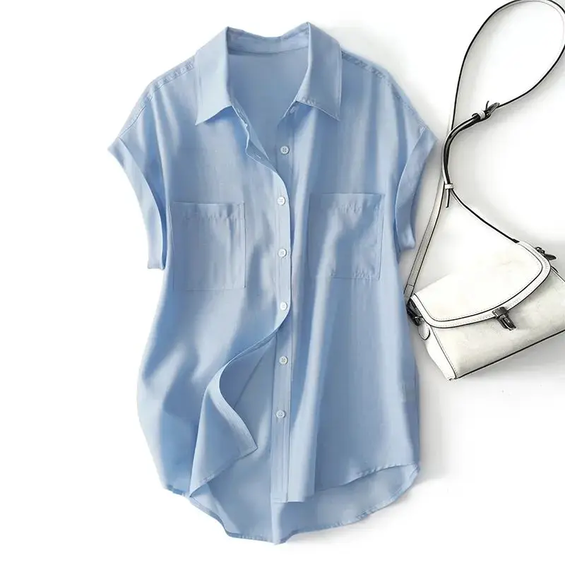グリーンソリッドカジュアルポロネックシングルブレスト半袖レディースブラウスシャツカジュアル女性服トップスファッション2026春
