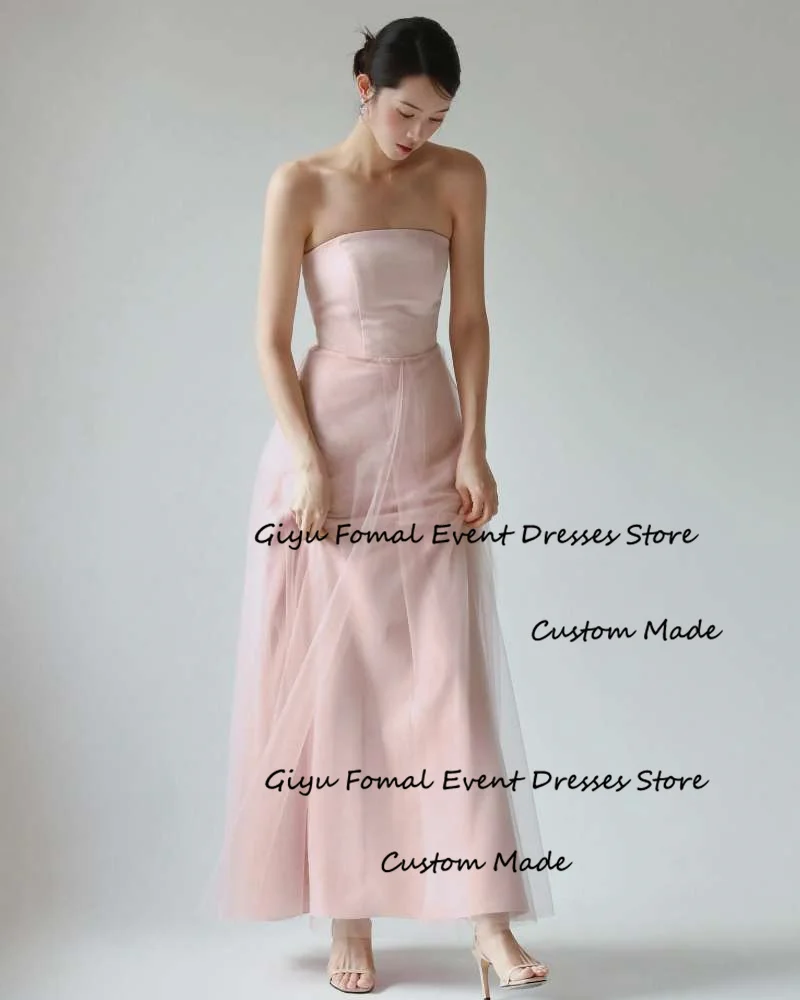 Giyu Simple Blush Pink Evening Dresses Korea Photoshoot Strapless Ankle Length Prom Gowns Formal Party Dress Corset Back