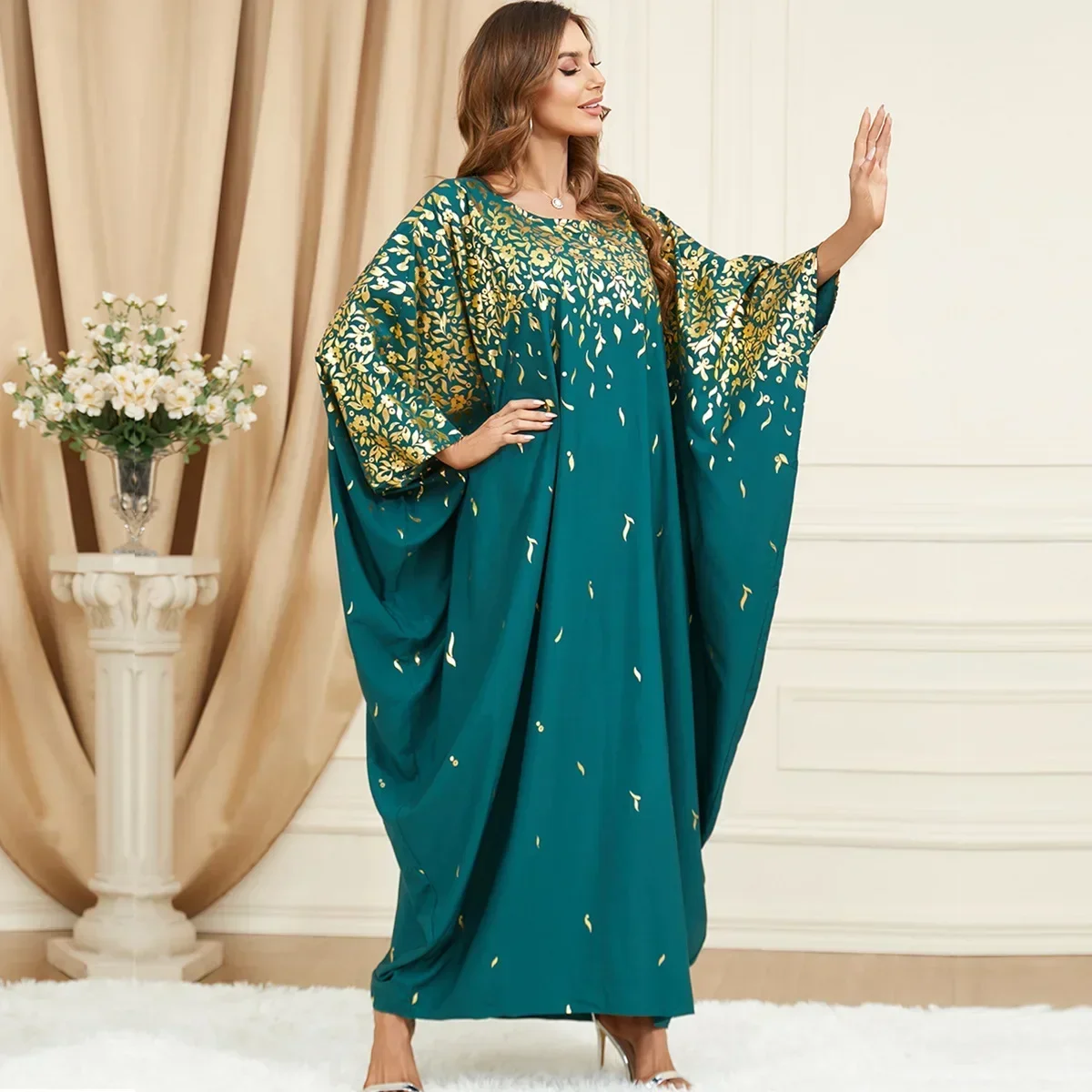 

Muslim Greenbatwing Sleeve Loose-Fit Fashionable Plus Size Dress From Middle East Africa And Turkey For All Seasons