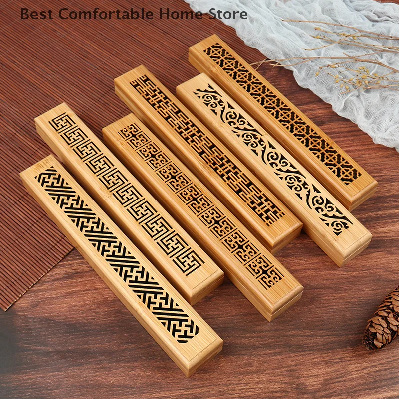 Chinese Retro Bamboo Wooden Incense Stick Holder Burning Joss Incense Box Burner Ash Catcher Home Office Decoration