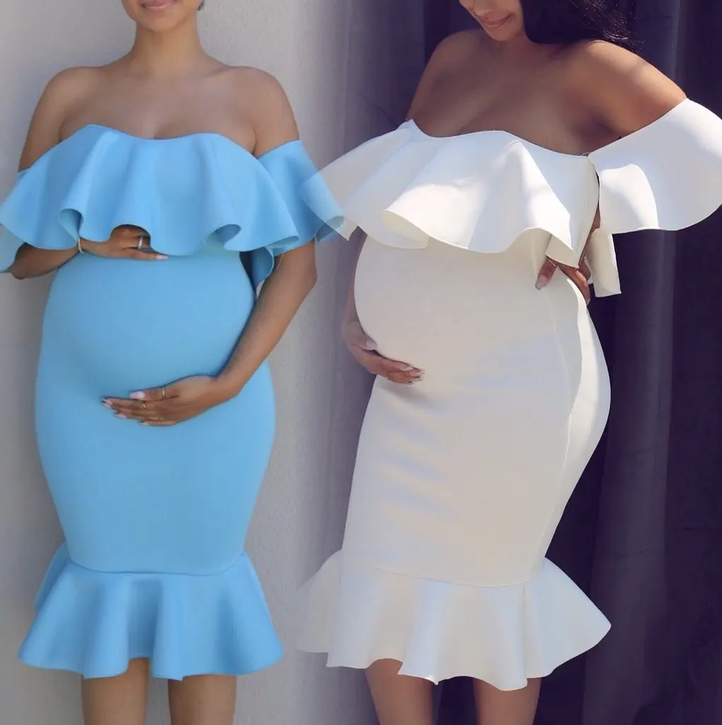 

European & American Maternity Maxi Dress Stretchy Fabric Ruffled Collar Elegant Train Photoshoot Gown for Pregnancy Photography