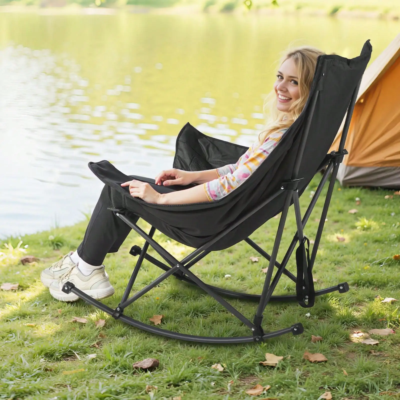 Rocking Camping Chair, Portable Folding Rocker, Heavy-Duty Lawn Chair Recliner With Cupholder & Pocket, Supports 225lbs, Fully Padded Camp Chairs For Outdoor Patio Backyard Porch Garden