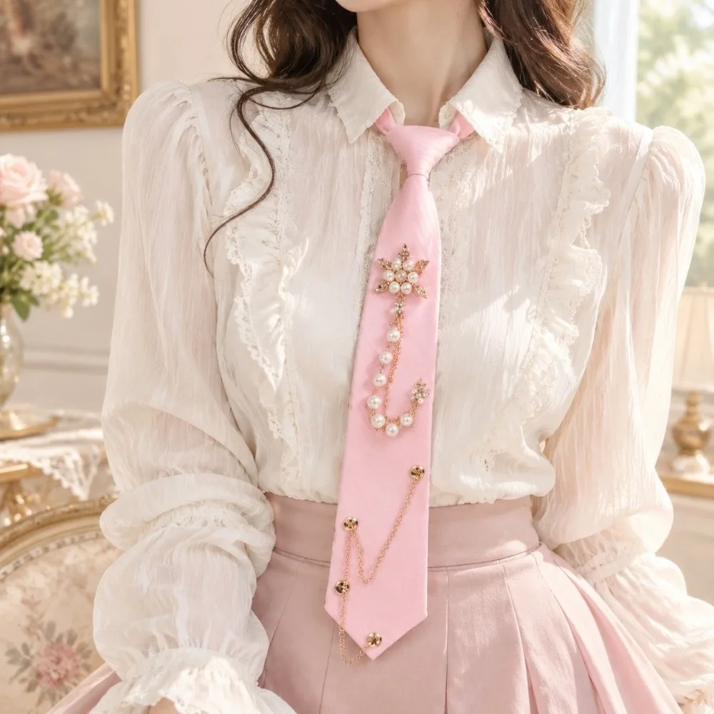 Lightweight Pre-tied Necktie No Knot Chain Decor JK Academy Style Necktie Floral Accent Pre-tied Chain Necktie Daily Commuting