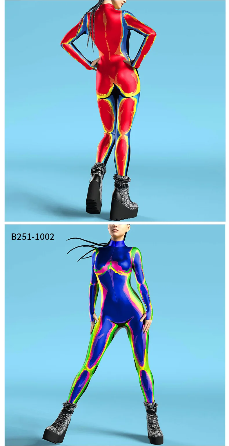 Futuristische Technologie Punk-Roboter Damen-Jumpsuits Kleidung Bunter Texturdruck Zentai-Bodysuit Cosplay-Kostüm Halloween-Outfit – Detail 4