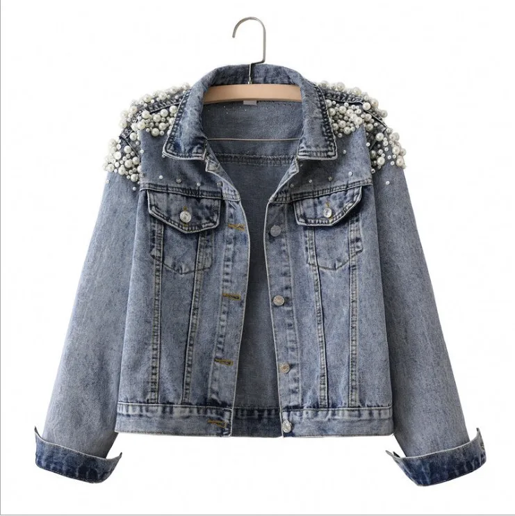 Vintage Pearl Embellished Denim Jacket for Women Washed Blue Jean Coat Long Sleeve Button Down Casual Streetwear Outerwear