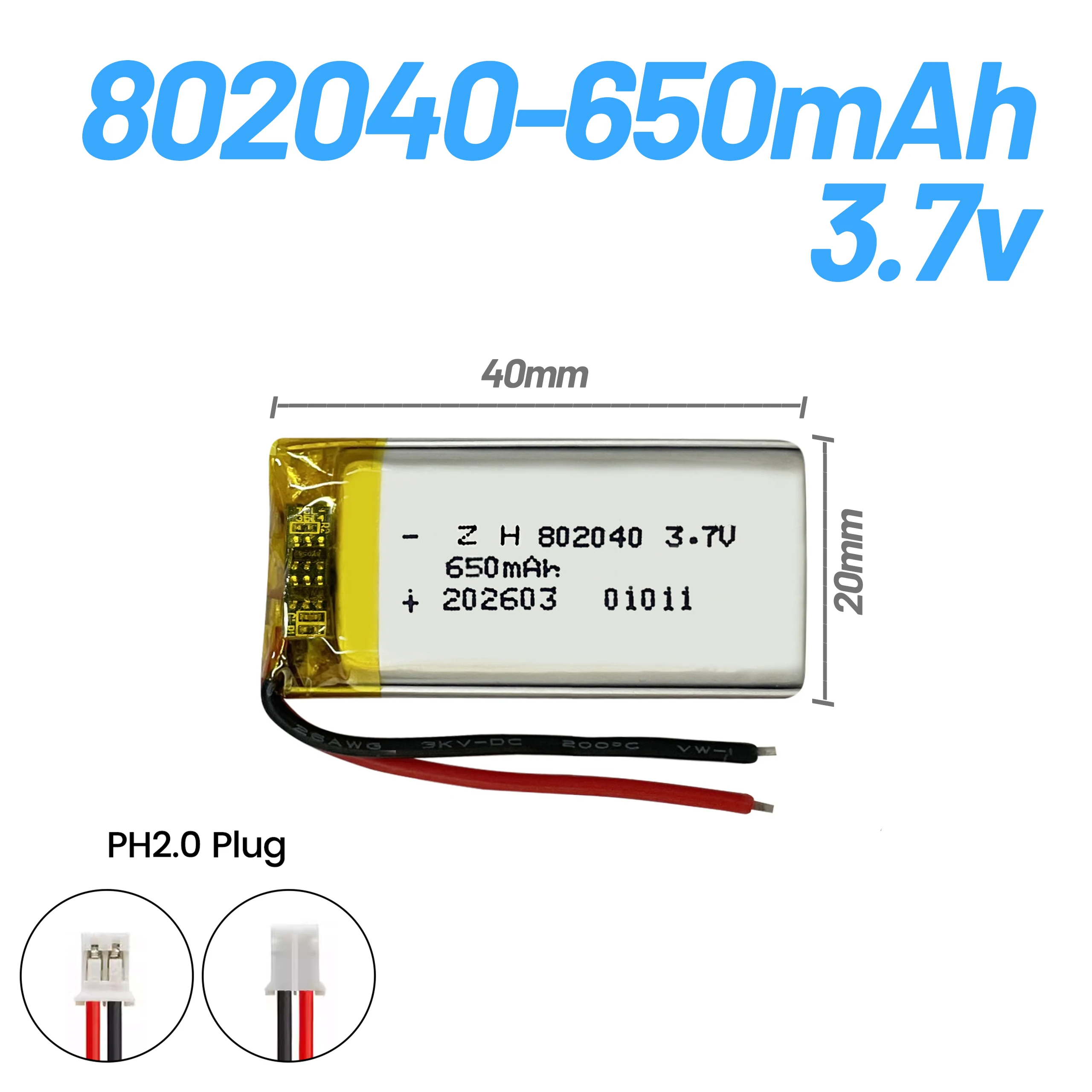 Rechargeable 802040 Li-Polymer Battery 3.7V 650mAh Replacement for Car Recorder VR Player MP3 DVD GPS Navigation System 602040