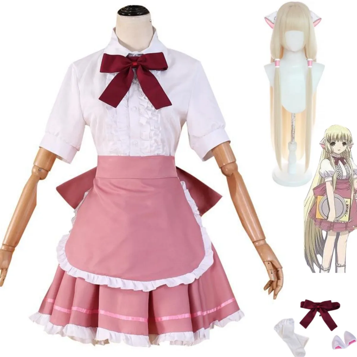 Anime Chobits Chi Cosplay Costume Wig Pink Maid Dress Lolita Accessories Woman Sexy Kawaii Halloween Birthday Party Suit