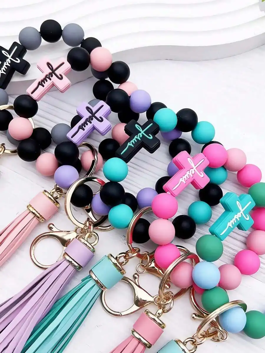 1pc Silicone Beaded Bracelet Keychain, Creative Wrist Strap Keyring Bag Charm, Ideal Gift For Friends, Siblings, Women, Mothers, Suitable For Daily Outfit Car Accessories School Bag Accessories Lanyards