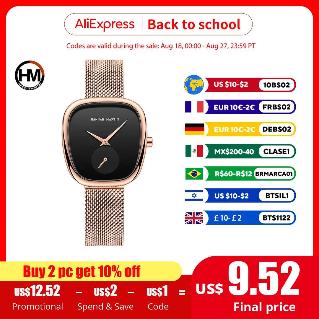 

HANNAH MARTIN Brand Original Luxury Women Watch Rose Gold Fashion Stainless Steel Quartz Movement Waterproof Women Dress Watches