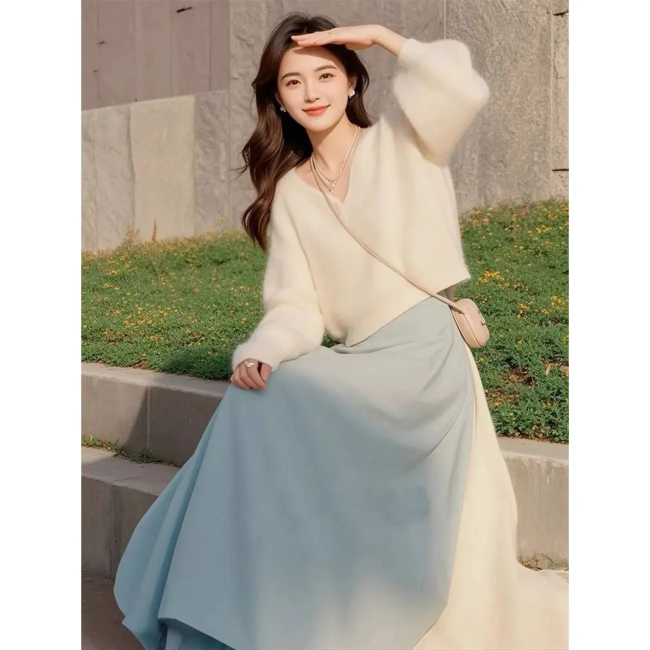 

Нежный высококачественный белый вязаный свитер с синей юбкой, костюм на весну и осень, женская одежда