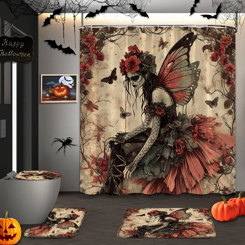 Halloween Gothic Skull Skull Shower Curtain and Rug Set Funny Rose Floral Holiday Gift Shower Curtains Mat Unique Bathroom Decor