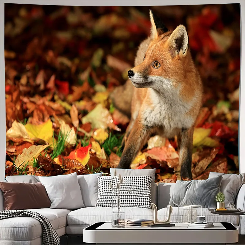 Red Fox in Autumn Leaves Forest Wildlife  Art Wall Tapestry Machine Washable All Season Decor Print Home non-toxic material