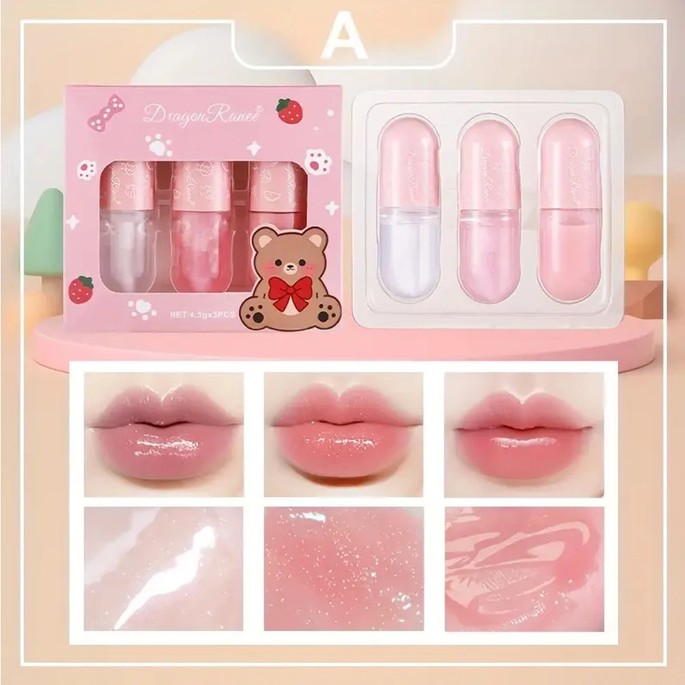 Set da 3 pezzi di lucidalabbra, idratante, lucidalabbra a lunga durata con abbellimento morbido opaco, tazza antiaderente, ingredienti vegetali, adatto a tutti i tipi di pelle