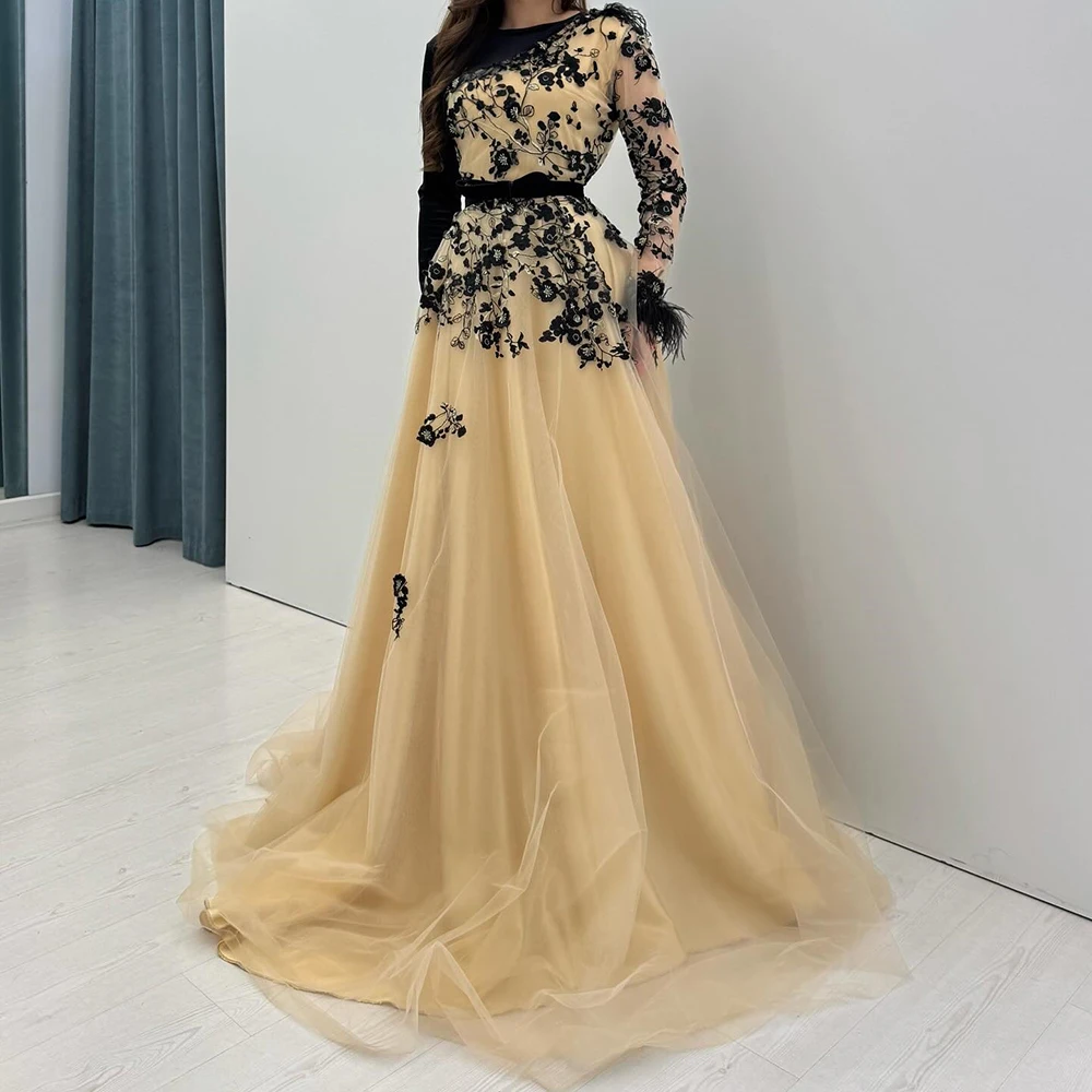 

Customized A-line Evening Dresses Floor-length O-neck Full Sleeve Prom Gown Fashion Flowers Feathers Simple Draped Party Gown