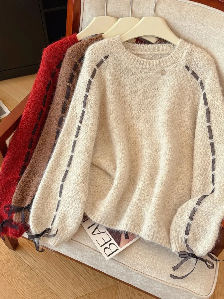 Pull tricoté chaud avec noeud Design vêtements d'extérieur coupe ample pour les femmes automne hiver 2025 nouveau Sle trajet Sle Poly...