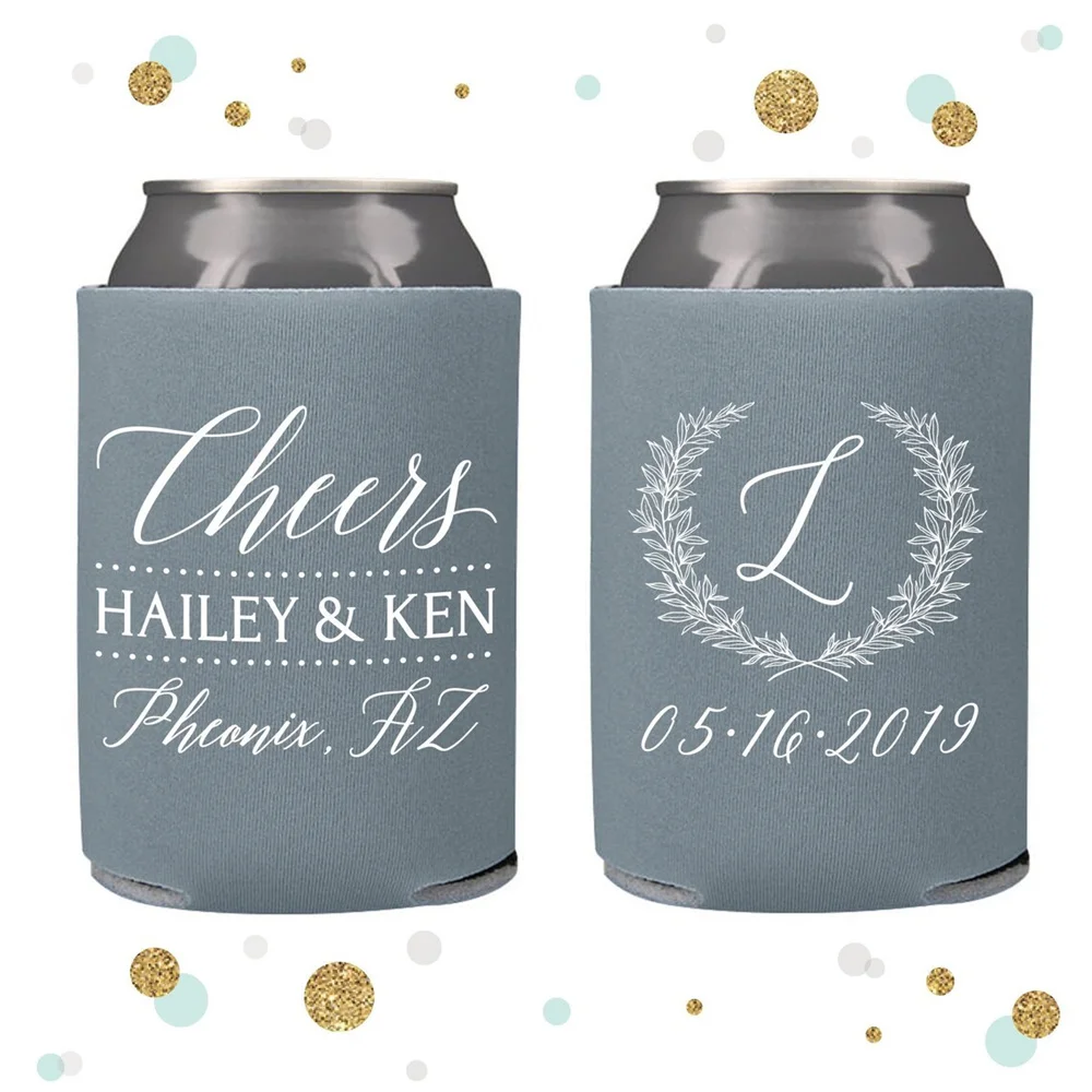 

Wedding Can Cooler #120R - Monogram Wreath - Cheers - Custom - Bridal Wedding Favors, Beverage Insulators, Beer Huggers, Wedding