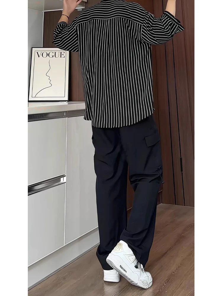 

Bla Stripe Ice Silk ort Sve irt Men Summer Thin Drape Loose Top Elastic Five-Quarter Sve irt Breathable Youth T...