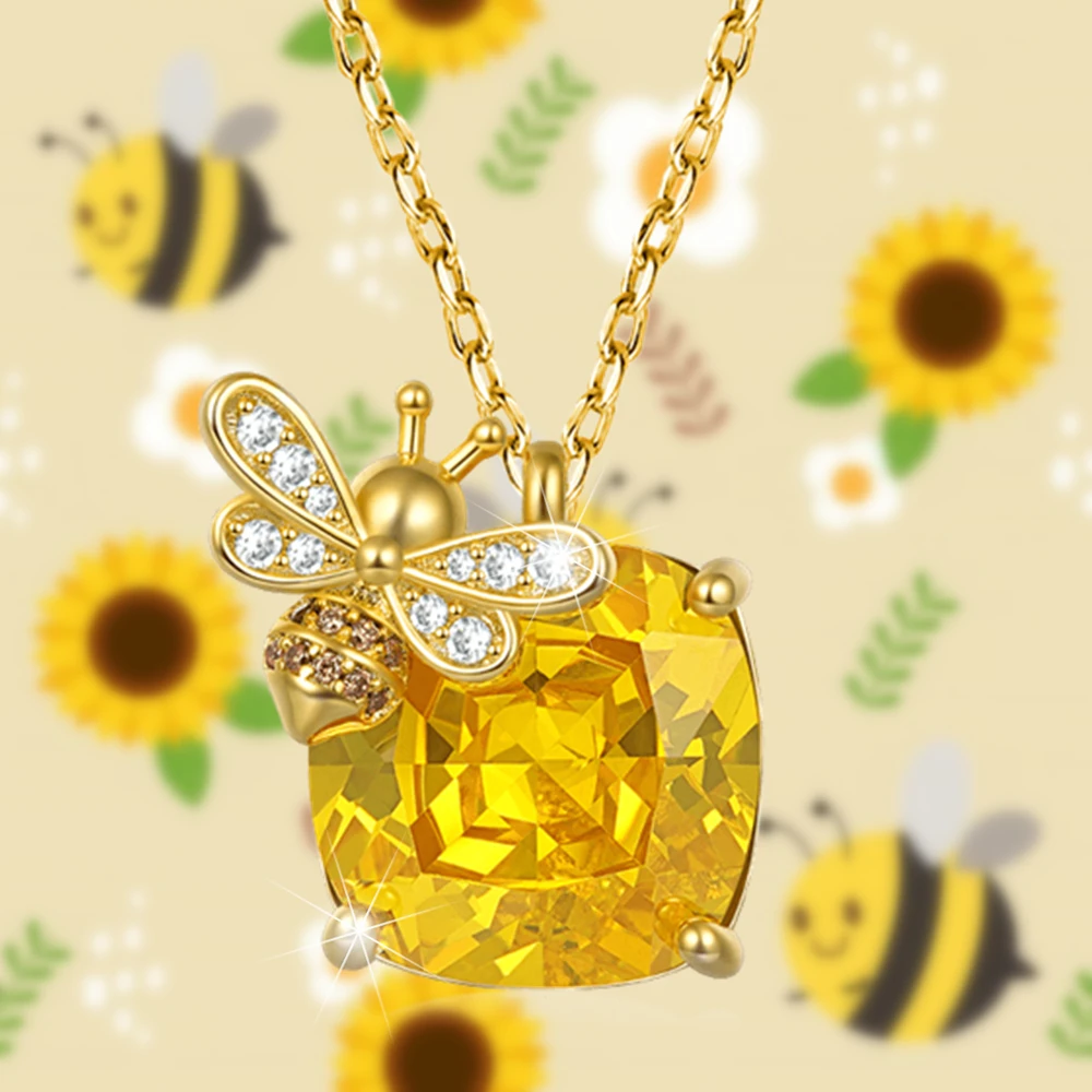 Luxury Design Sparkling Square Citrine Bee Pendant Necklace for Women Elegant Lady Party Jewelry Romantic Valentine's Day Gifts