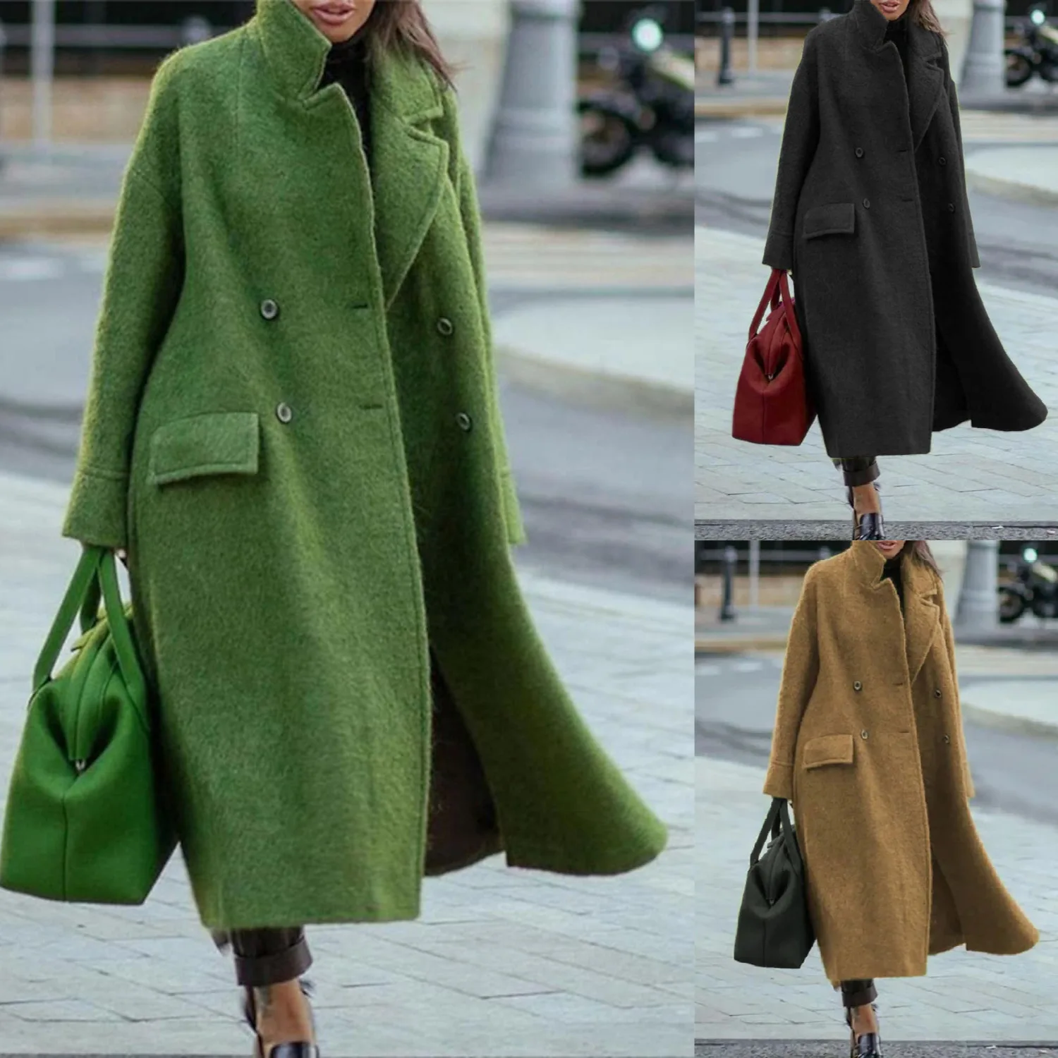 Autumn and winter long tweed coat Solid color temperament commuter belt-less lapel loose tweed green coat