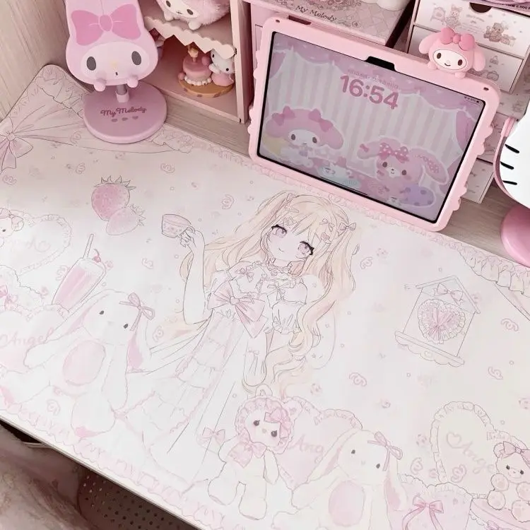 Leather PU Desk Pad Protector Japan Anime Girl Lace Love Heart Y2K Rabbit Mouse Pad Office Desk Mat Non-Slip PU Desk Blotter Pad