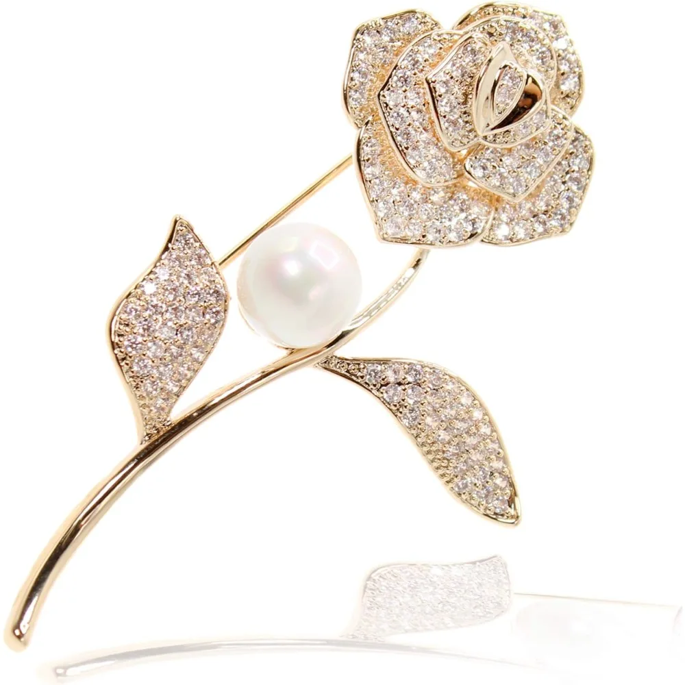 

Flower Rose Brooch Pin Cubic Zirconia Pearl Setting Jewelry for Wedding Bridal Formal Look