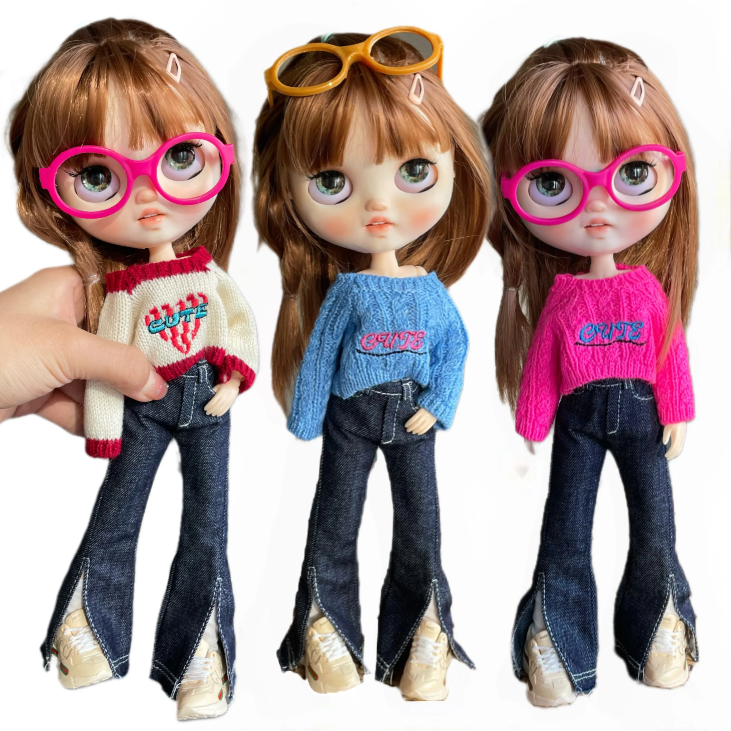 BJD Blythe Clothes Sweater, wide leg jeans, flared jeans 1/6 30cm  Dolls (Fit for Pullip,Ob24, Licca)