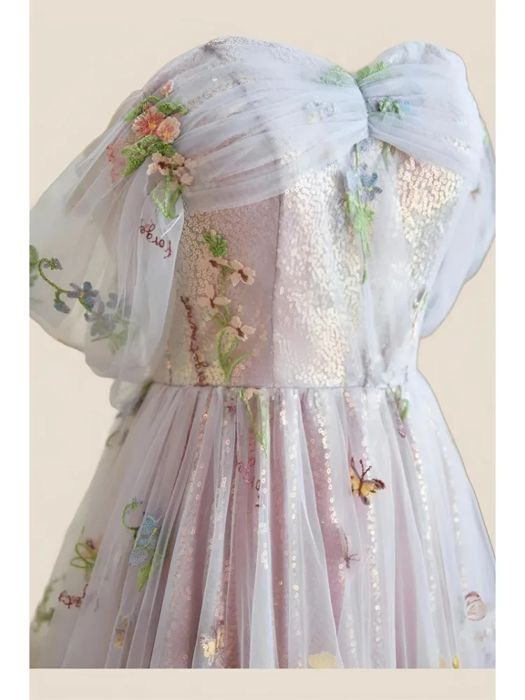 Vestido de baile de cintura delgada con cuello de barco drapeado, exquisito vestido de malla larga con bordado de flores coreano, vestido de moda de hadas, correas traseras