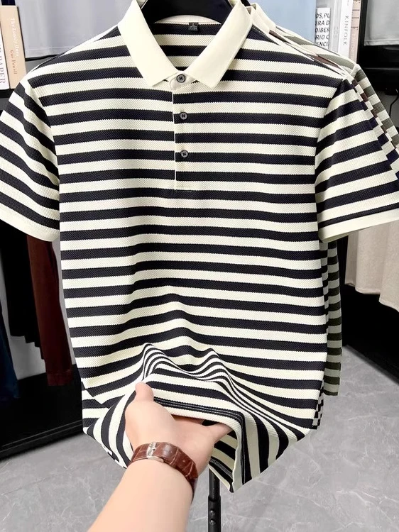 

Мужская футболка свободного кроя с высоким воротником из чистого хлопка, в американском стиле, в полоску, повседневная, плотная, летняя