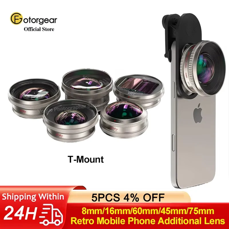 عدسة خارجية للهاتف المحمول Fotorgear Retro T-Mount، زاوية واسعة جدًا 16 مم، عين السمكة 8 مم، عدسة ماكرو 45 مم/74 مم، 1.55x Anamorphic #1