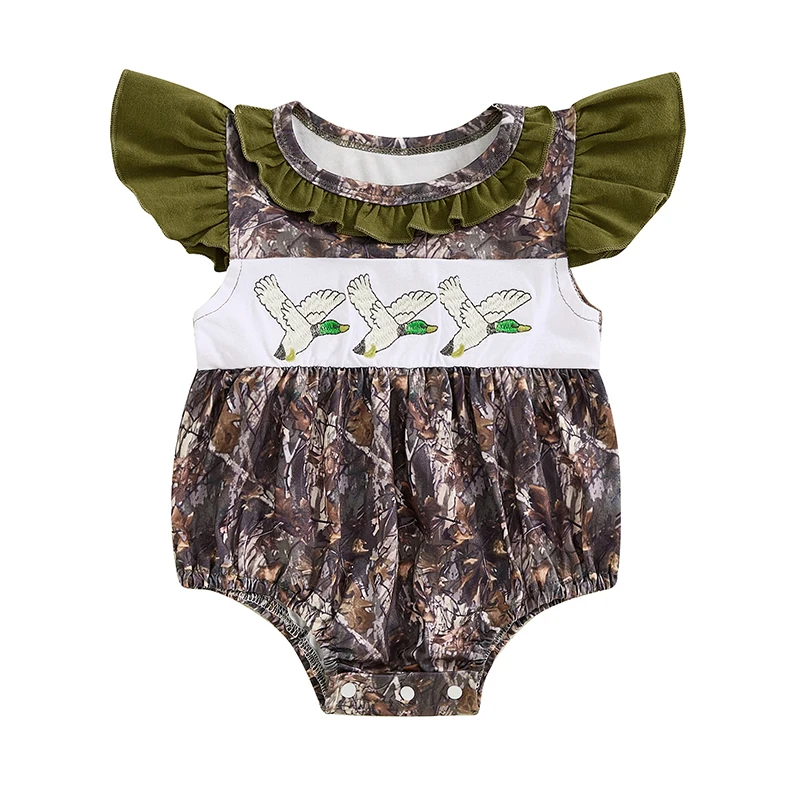 

Baby Girls Rompers Green Head Duck Embroidery Fly Sleeve Round Neck Bodysuits Summer Clothes