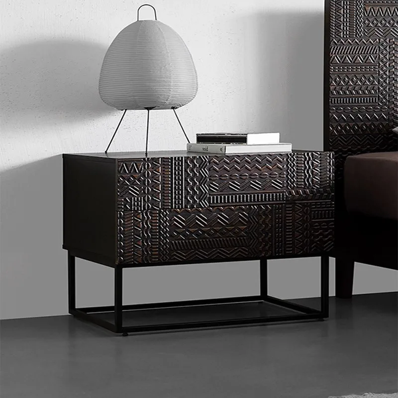 

Modern wabi-sabi teak solid wood pure hand-carved bedside table light luxury retro side cabinet double pumping storage cabinet